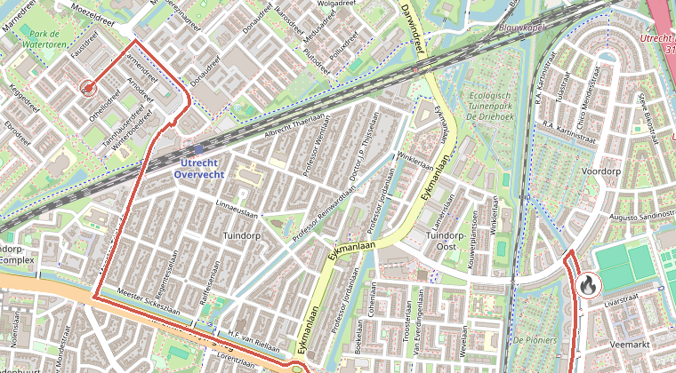Kaart van de omgeving van de melding, met de kazerne die is gealarmeerd