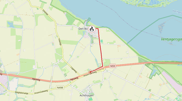 Kaart van de omgeving van de melding, met de kazerne die is gealarmeerd