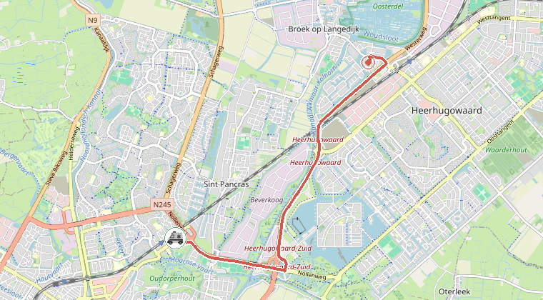 Kaart van de omgeving van de melding, met de kazerne die is gealarmeerd