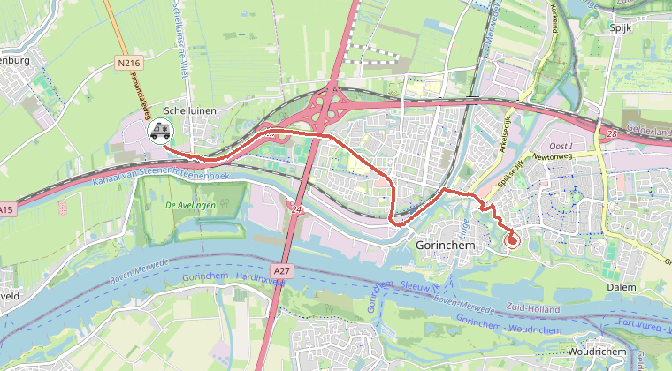 Kaart van de omgeving van de melding, met de kazerne die is gealarmeerd