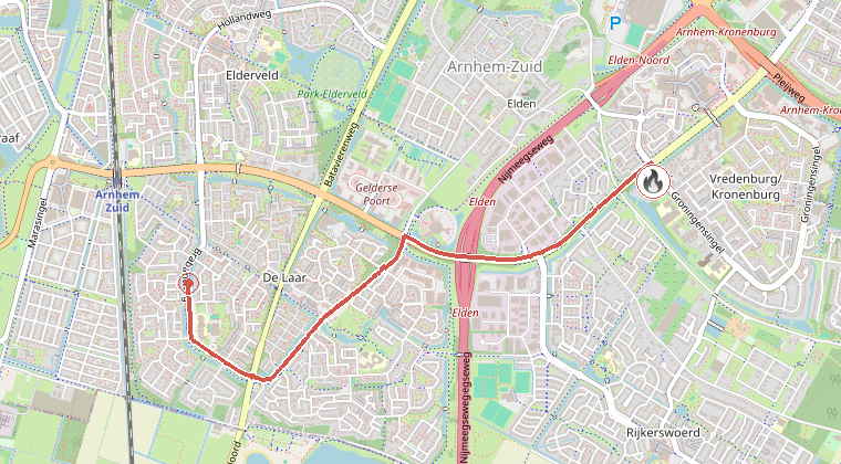 Kaart van de omgeving van de melding, met de kazerne die is gealarmeerd