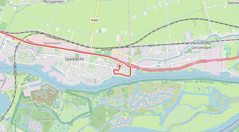 Kaart van de omgeving van de melding, met de kazerne die is gealarmeerd