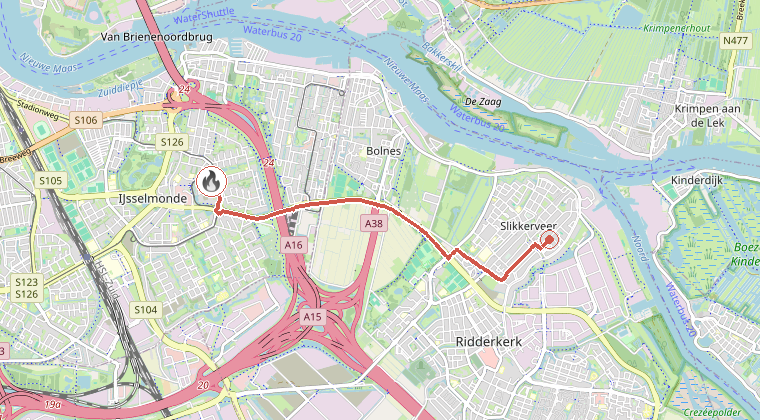 Kaart van de omgeving van de melding, met de kazerne die is gealarmeerd