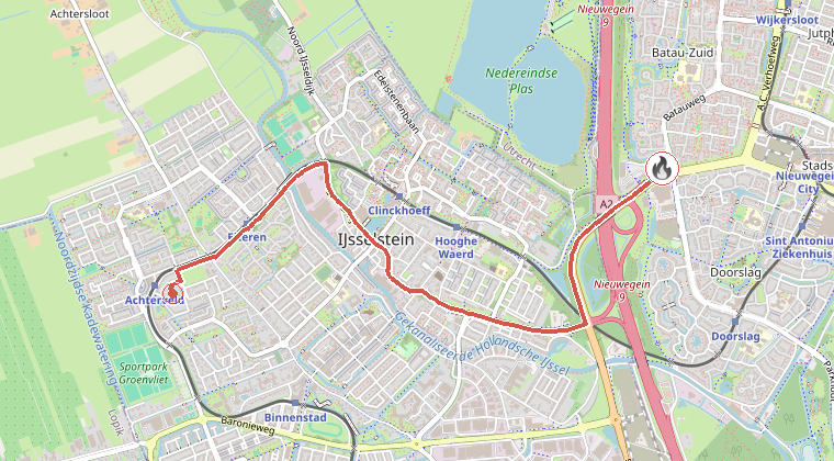 Kaart van de omgeving van de melding, met de kazerne die is gealarmeerd