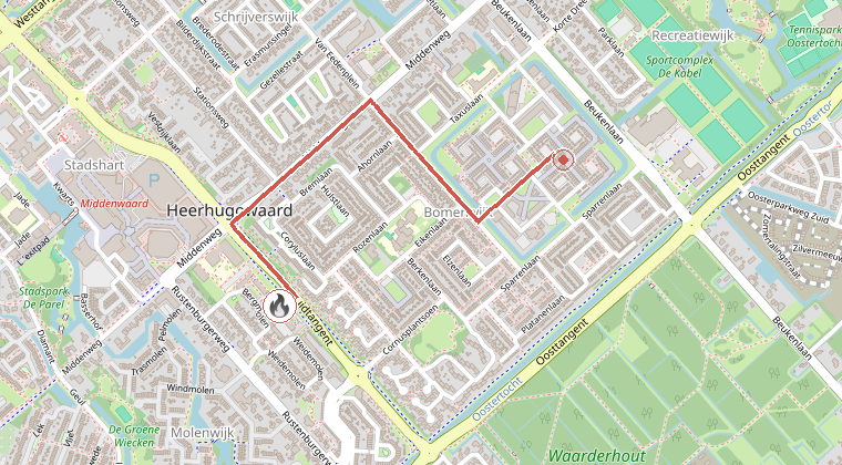 Kaart van de omgeving van de melding, met de kazerne die is gealarmeerd