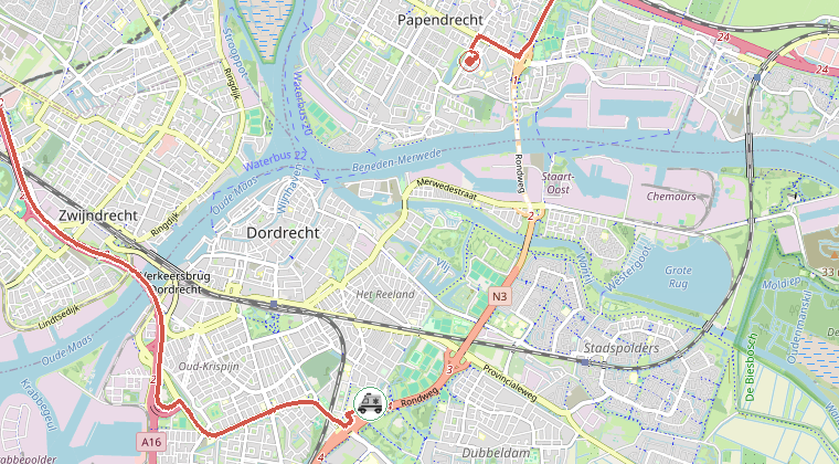 Kaart van de omgeving van de melding, met de kazerne die is gealarmeerd
