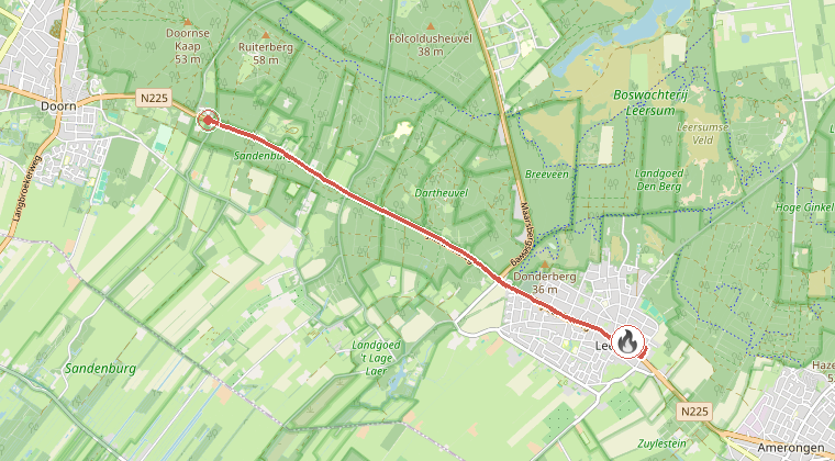 Kaart van de omgeving van de melding, met de kazerne die is gealarmeerd