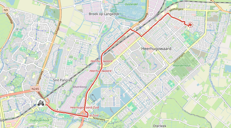 Kaart van de omgeving van de melding, met de kazerne die is gealarmeerd