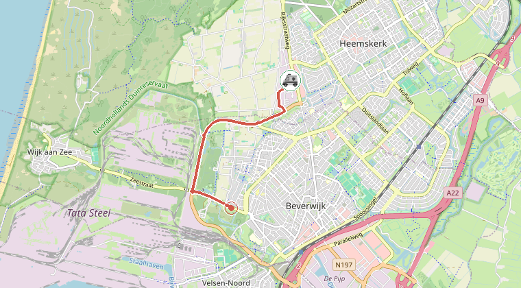 Kaart van de omgeving van de melding, met de kazerne die is gealarmeerd