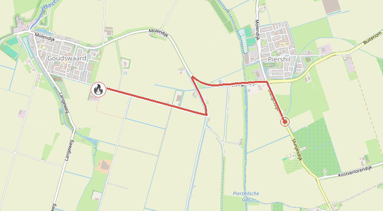 Kaart van de omgeving van de melding, met de kazerne die is gealarmeerd