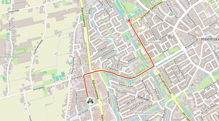 Kaart van de omgeving van de melding, met de kazerne die is gealarmeerd