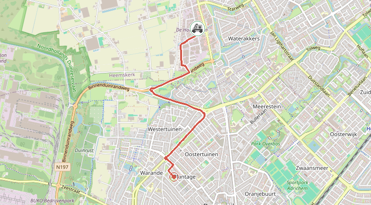 Kaart van de omgeving van de melding, met de kazerne die is gealarmeerd