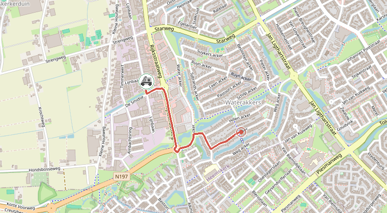Kaart van de omgeving van de melding, met de kazerne die is gealarmeerd