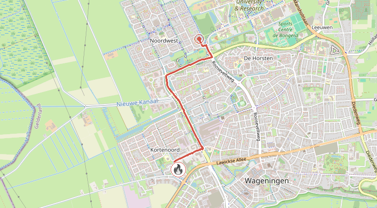 Kaart van de omgeving van de melding, met de kazerne die is gealarmeerd