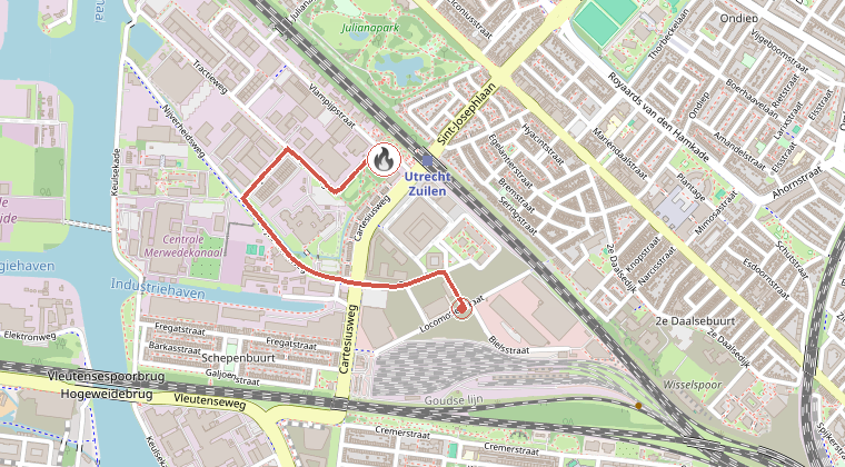 Kaart van de omgeving van de melding, met de kazerne die is gealarmeerd