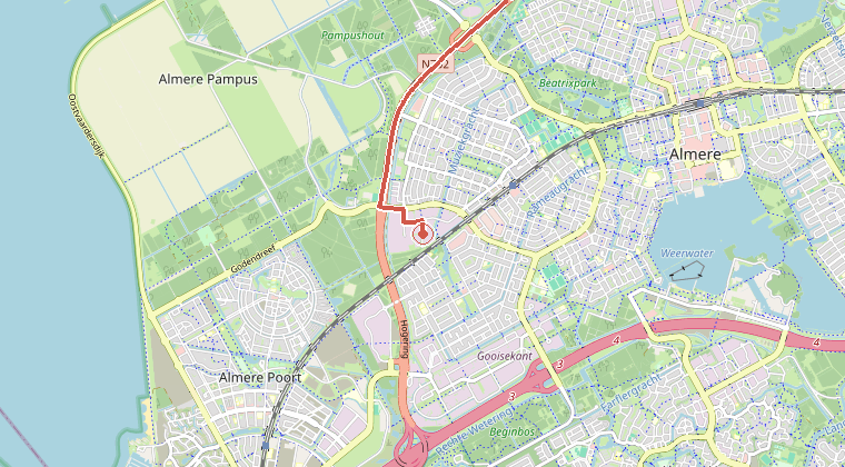 Kaart van de omgeving van de melding, met de kazerne die is gealarmeerd