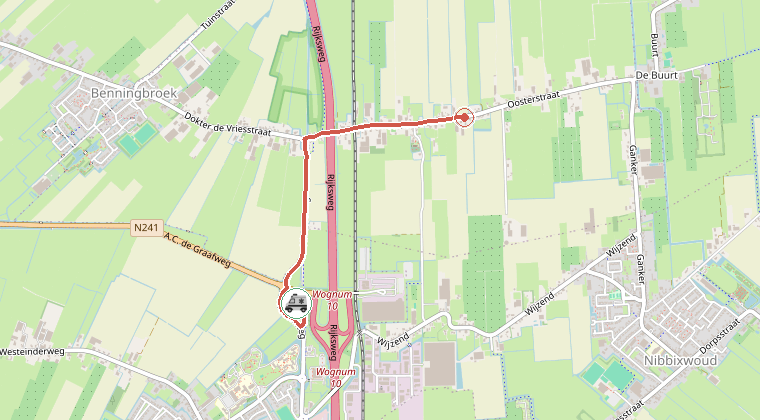 Kaart van de omgeving van de melding, met de kazerne die is gealarmeerd