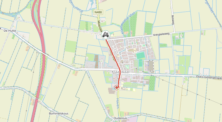Kaart van de omgeving van de melding, met de kazerne die is gealarmeerd