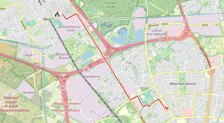 Kaart van de omgeving van de melding, met de kazerne die is gealarmeerd