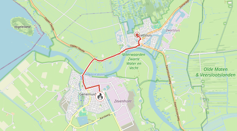Kaart van de omgeving van de melding, met de kazerne die is gealarmeerd