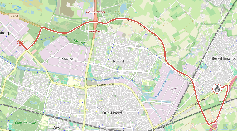 Kaart van de omgeving van de melding, met de kazerne die is gealarmeerd