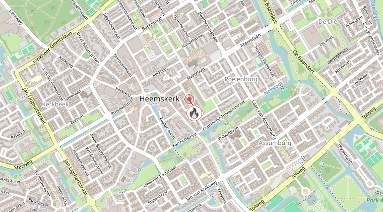 Kaart van de omgeving van de melding, met de kazerne die is gealarmeerd