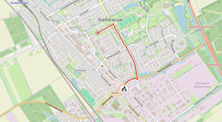 Kaart van de omgeving van de melding, met de kazerne die is gealarmeerd