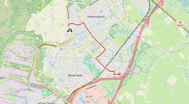 Kaart van de omgeving van de melding, met de kazerne die is gealarmeerd