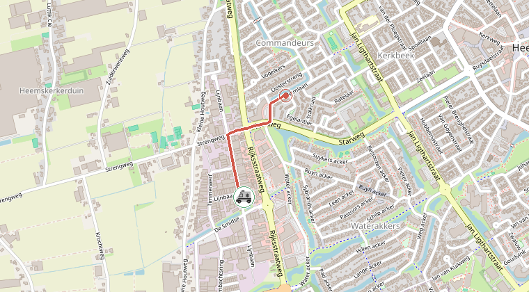 Kaart van de omgeving van de melding, met de kazerne die is gealarmeerd