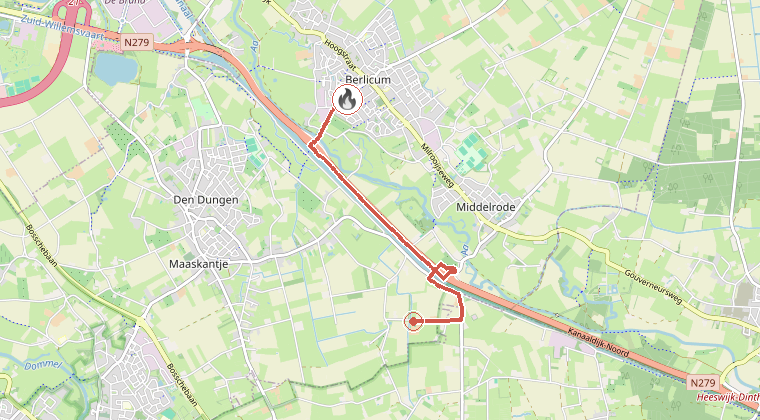 Kaart van de omgeving van de melding, met de kazerne die is gealarmeerd
