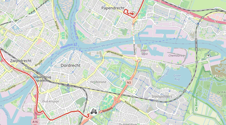 Kaart van de omgeving van de melding, met de kazerne die is gealarmeerd
