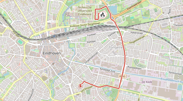 Kaart van de omgeving van de melding, met de kazerne die is gealarmeerd