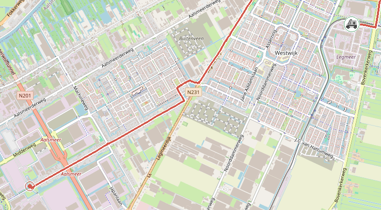Kaart van de omgeving van de melding, met de kazerne die is gealarmeerd