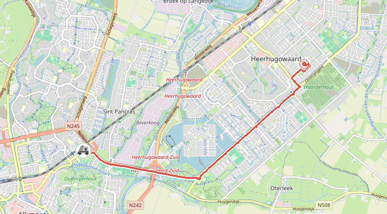Kaart van de omgeving van de melding, met de kazerne die is gealarmeerd