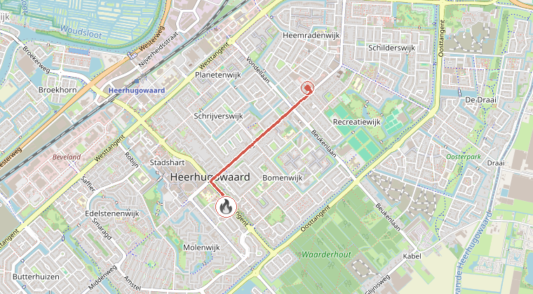 Kaart van de omgeving van de melding, met de kazerne die is gealarmeerd