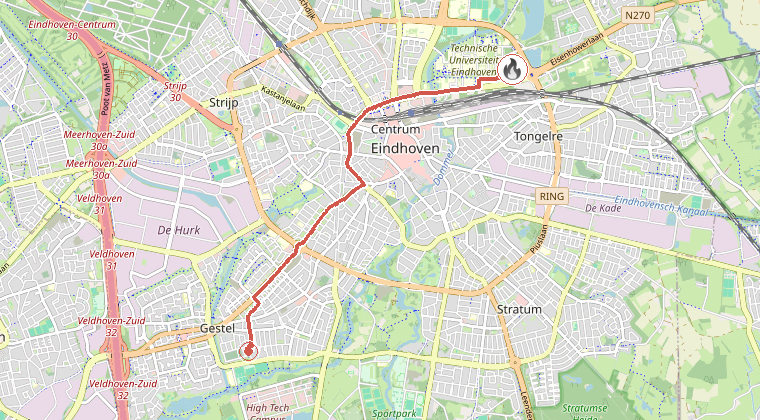 Kaart van de omgeving van de melding, met de kazerne die is gealarmeerd