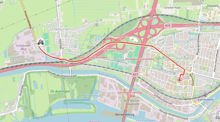 Kaart van de omgeving van de melding, met de kazerne die is gealarmeerd