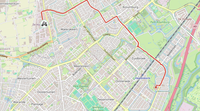 Kaart van de omgeving van de melding, met de kazerne die is gealarmeerd