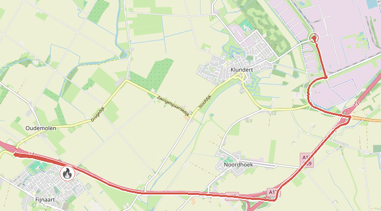 Kaart van de omgeving van de melding, met de kazerne die is gealarmeerd