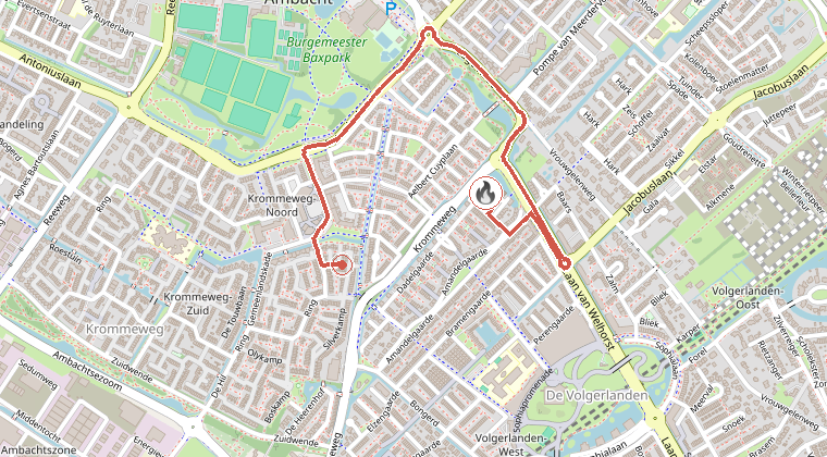 Kaart van de omgeving van de melding, met de kazerne die is gealarmeerd