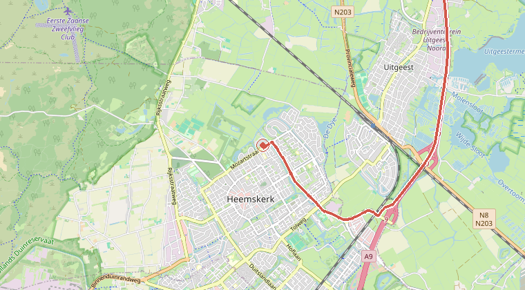 Kaart van de omgeving van de melding, met de kazerne die is gealarmeerd