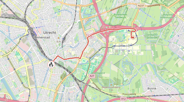 Kaart van de omgeving van de melding, met de kazerne die is gealarmeerd