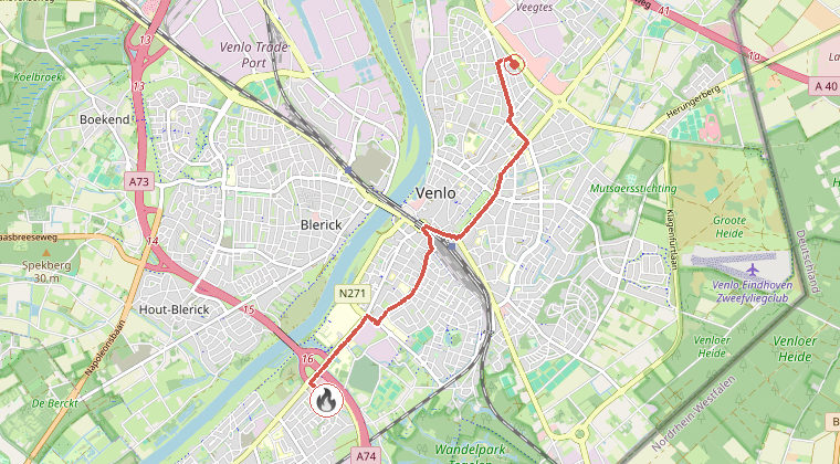 Kaart van de omgeving van de melding, met de kazerne die is gealarmeerd