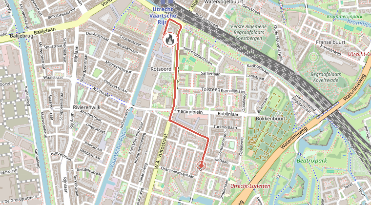 Kaart van de omgeving van de melding, met de kazerne die is gealarmeerd