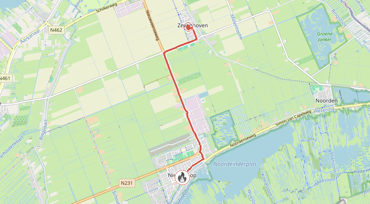 Kaart van de omgeving van de melding, met de kazerne die is gealarmeerd