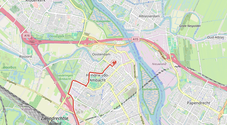Kaart van de omgeving van de melding, met de kazerne die is gealarmeerd