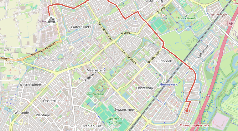 Kaart van de omgeving van de melding, met de kazerne die is gealarmeerd