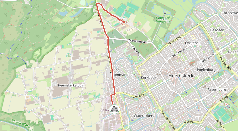 Kaart van de omgeving van de melding, met de kazerne die is gealarmeerd