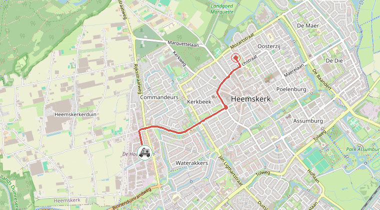 Kaart van de omgeving van de melding, met de kazerne die is gealarmeerd