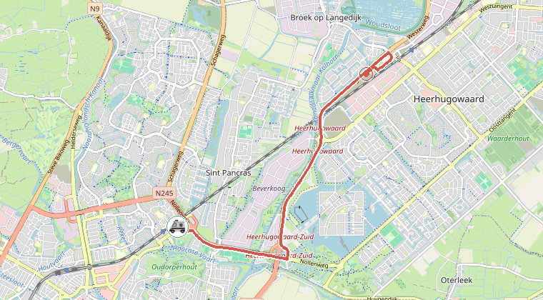 Kaart van de omgeving van de melding, met de kazerne die is gealarmeerd
